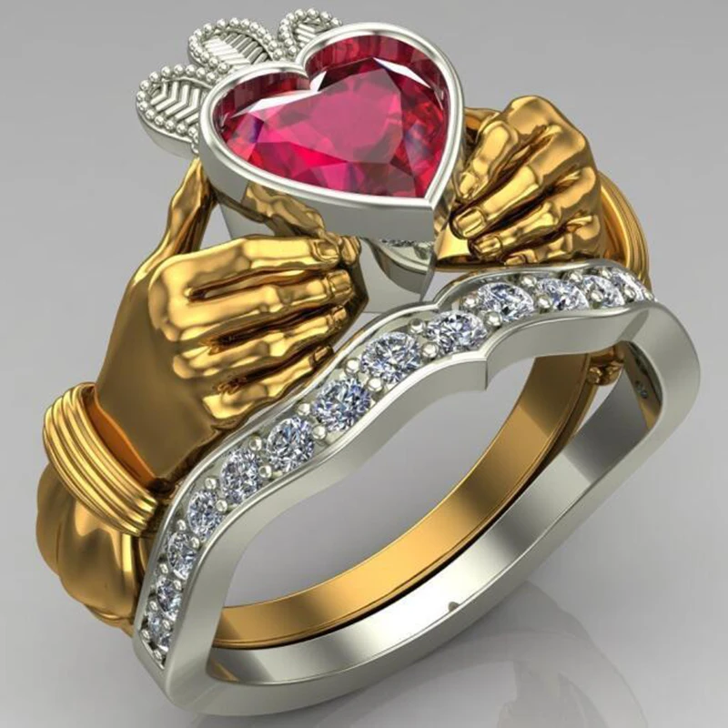 Hot Selling Double-Layer Set Ring Ring Europe And America Fashion Women Holding Ruby Heart Crown Hand Jewelry