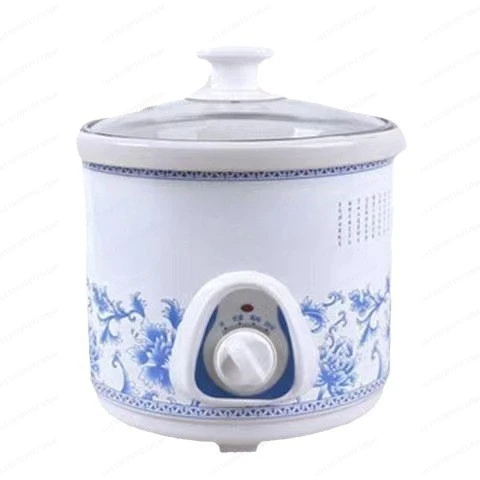 Mini Automatic Slow Cooker 1.5L - 140W Ceramic Inner Pot with Timer, Portable Stew & Soup Maker, Blue White Design