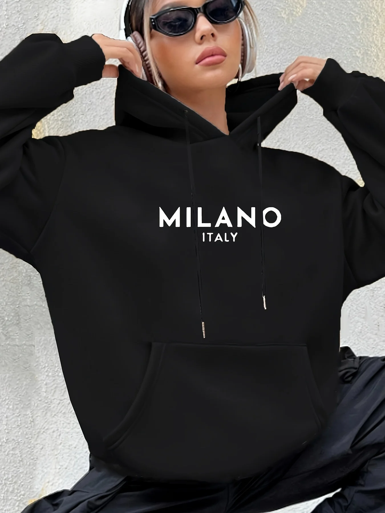 Milano Print Kangaroo Pocket Hoodie, Casual Long Sleeve Drawstring Hoodies Sweatshirt, Women\'s Clothing