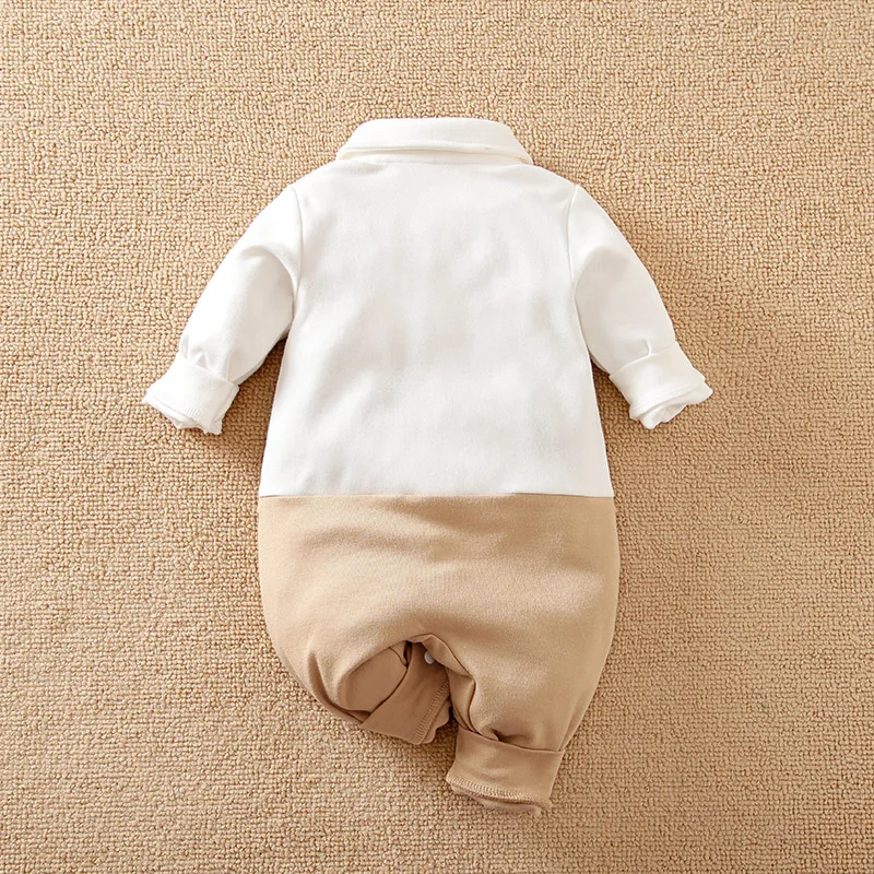 Newborn Baby Boy Gentleman Romper Formal Suit Bow Tie Autumn Cotton Long Sleeve Jumpsuit Infant Baptism Wedding Outfit 0-18M