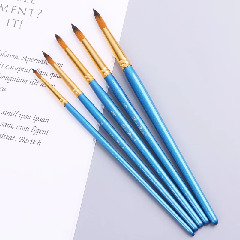 5xWatercolor Gouache Sơn Cọ Đầu Tròn Đầu Nhọn Lông Nylon Bộ Dụng Cụ Nghệ Thuật