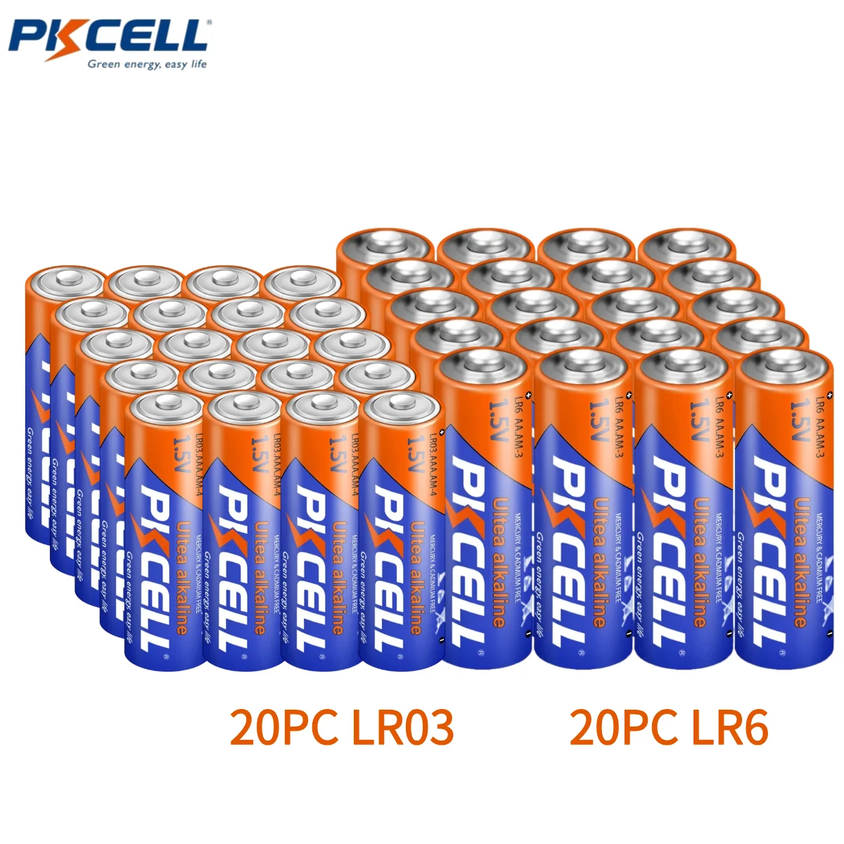 PKCELL 40PC Combo Pack of 20PC LR03 AAA and 20PC LR6 AA Alkaline Batteries 1.5V Non-rechargeable Battery for Household Electroni