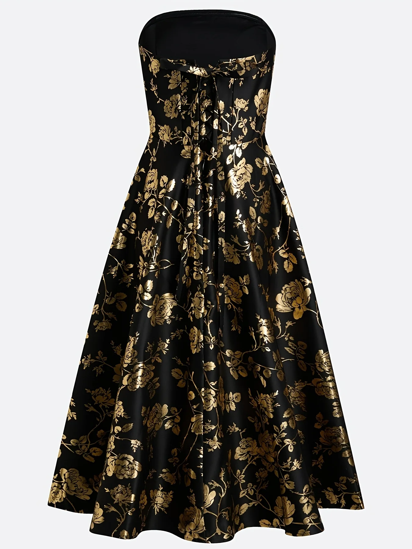 Vestido sin mangas con cuello en V y estampado retro - lujoso vestido de noche con bordados dorados para fiesta formal con mangas abullonadas