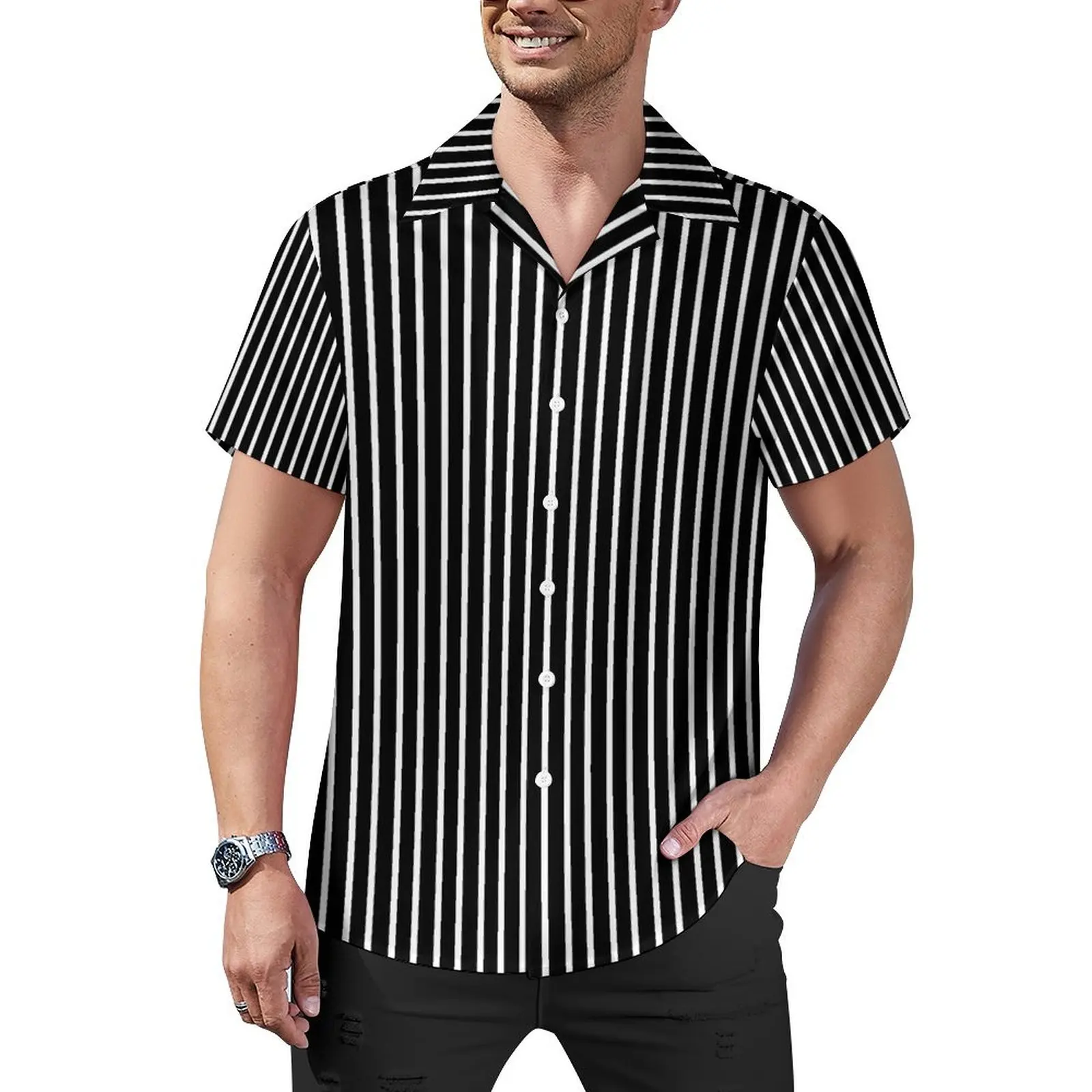 Chemise Hawaïenne à Rayures Blanches et Noires pour Homme, Vêtement de Plage, Rétro, Décontracté, à Manches Courtes, Streetwear, Grande Taille 4XL