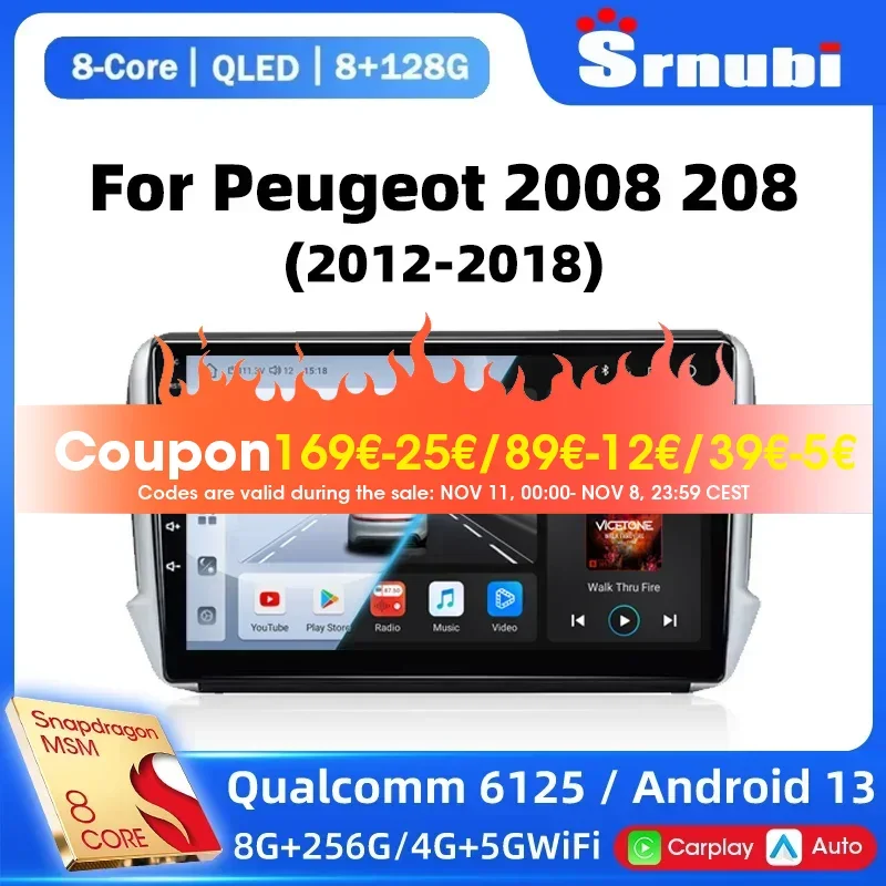 Srnubi 8G+128G Android 13 Car Stereo for Peugeot 208 2008 Series 2012-2018 Multimedia GPS Player Navigation Radio Carplay 2 Din