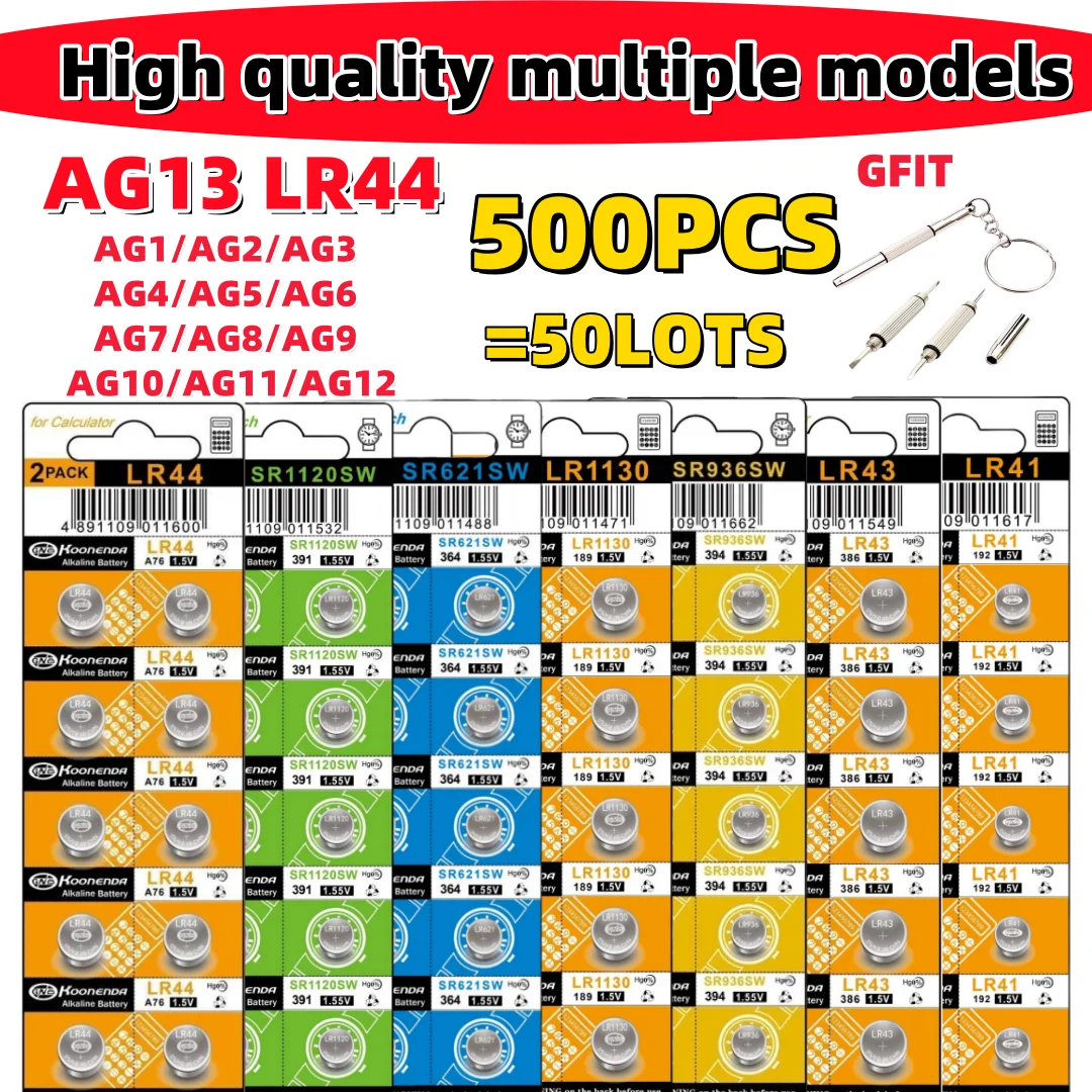 500PCS LR44 AG13 Batteries AG13pilas 1.5V AG0 AG1 AG4 AG10 AG12 lr43 LR54 377 357 SR44 LR1154 batteriesAG2 AG3 AG5 AG6 AG7AG8AG9