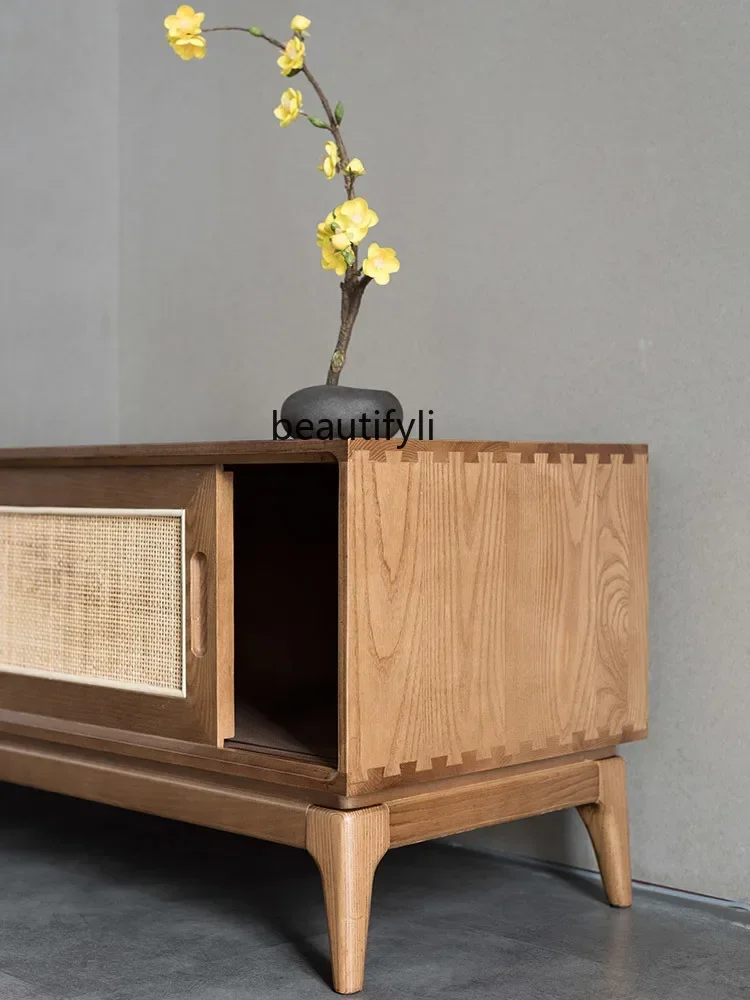 

K185 Rattan Audiovisual Cabinet Nordic Simple Solid Wood Small Apartment Home Living Room Mid-Ancient Style TV Cabinet