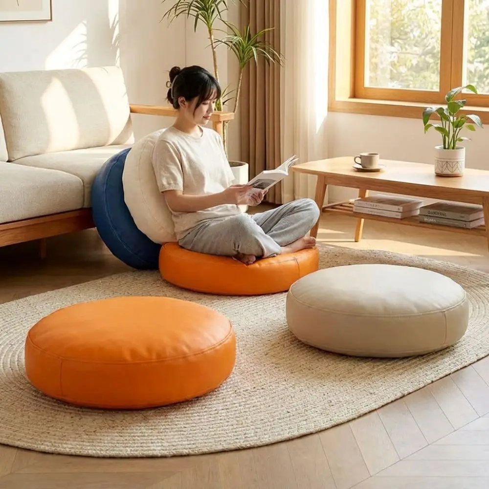 Practical PU Leather Round Seat Cushion Thicken Waterproof Floor Seat Mat Soft Removable Cover Chair Cushion Bedroom