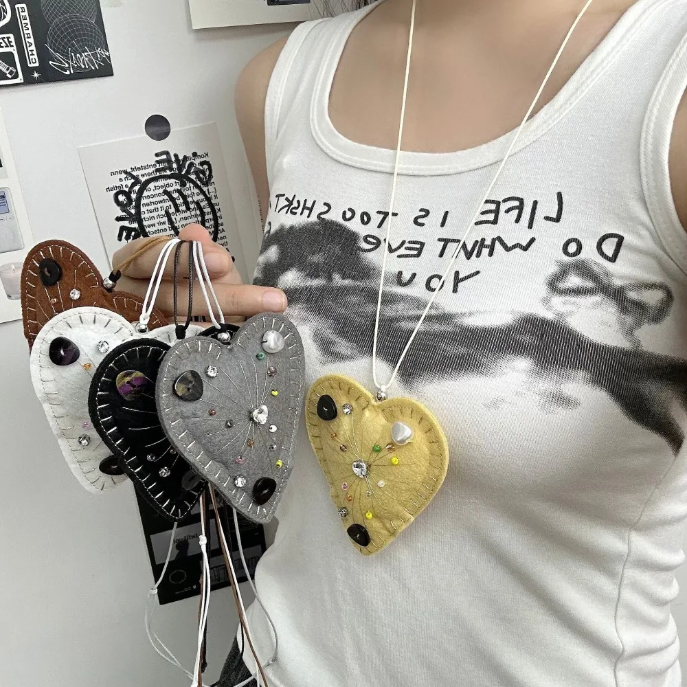 Creative Personality Rhinestone Resin Button Pearl Flocking Stereo Heart-shaped Pendant Necklace for Women Retro Fashion Jewelry