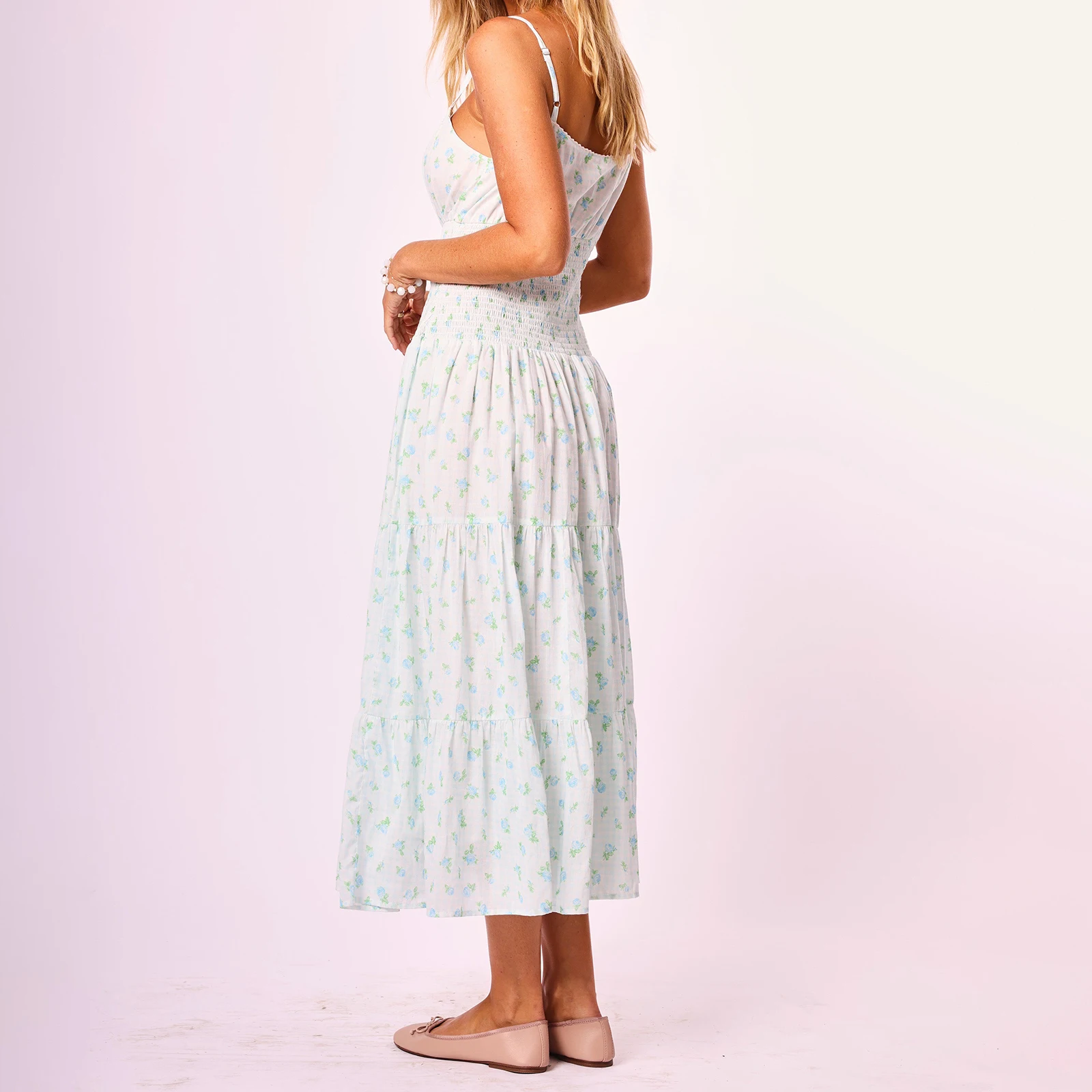 Abito lungo floreale da donna con scollo a barchetta, slim, smock, allacciatura, collo quadrato, senza maniche, a strati, con volant, per il club di feste quotidiano