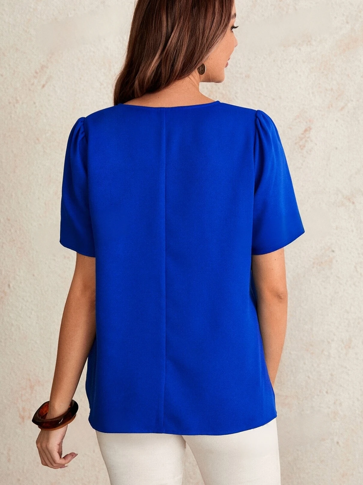レディース ロイヤルブルー スカラップVネックブラウス パフ - Summer Clothing Work のレビューと価格