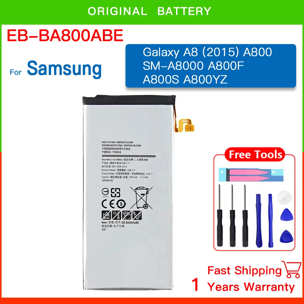 

Replacement Battery For Samsung Galaxy A8 A8000 A800YZ A800F A800S Rechargeable Phone Battery EB-BA800ABE Batteria+Free Tools