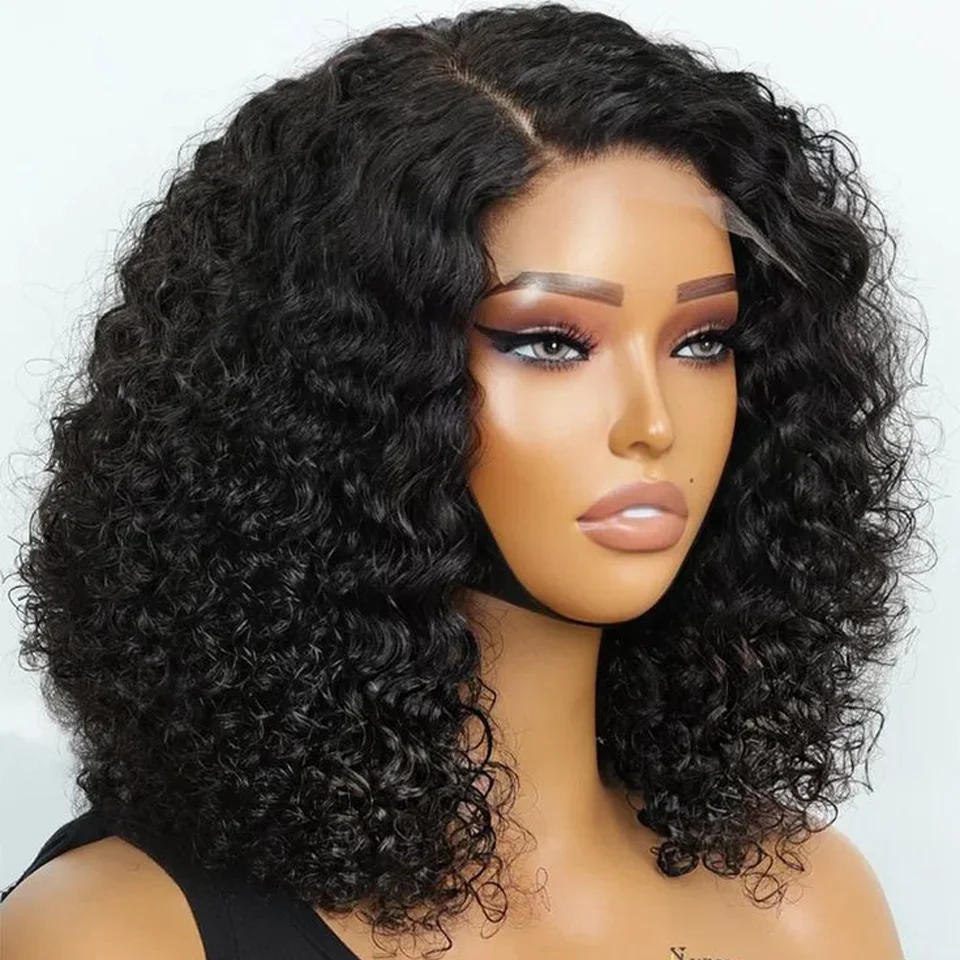 Perucas Curtas Bob Onda Profunda para Mulheres, Peruca Dianteira Do Laço Transparente HD, Cabelo Humano Encaracolado, Cabelo Pré Arrancado, 13x6, 13x4