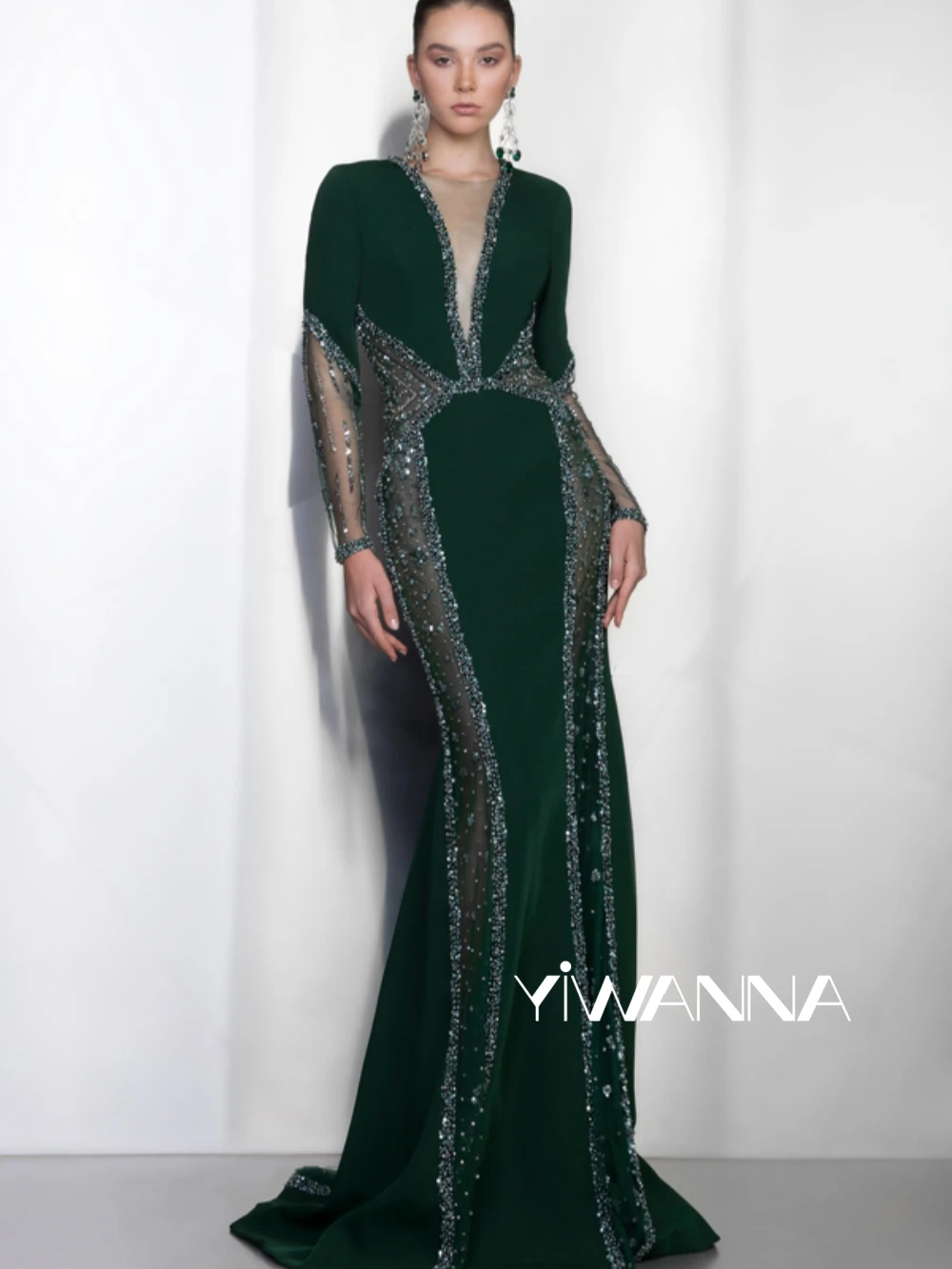 Luxury Beaded Mermaid Long Mother Of The Bride Dress For Wedding Elegant Green Prom Dress Customized Long Sleeve Evening Gown