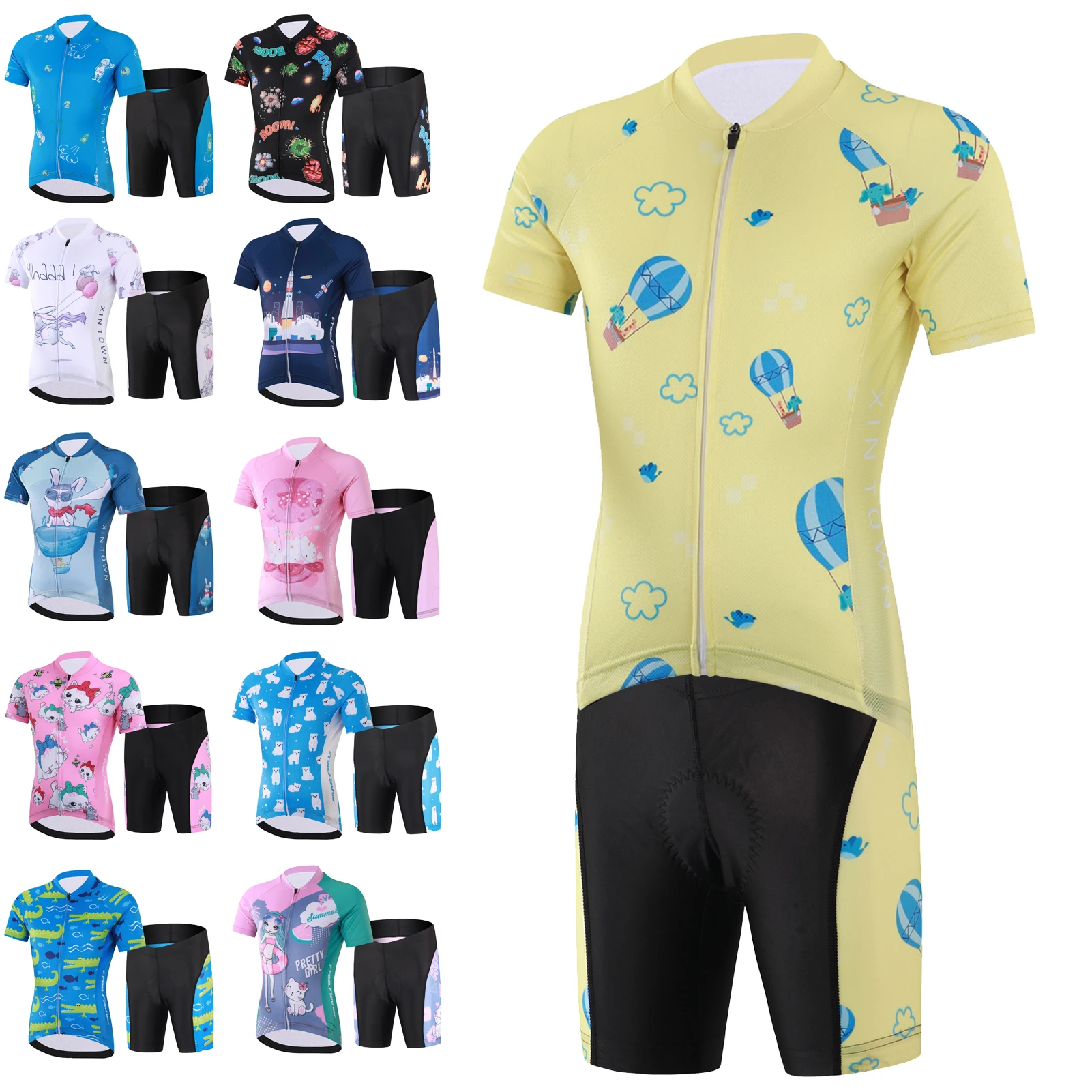 Children's Short Sleeve Cycling Jersey Set with 3D Padded Shorts Cartoon Printed Quick-Dry Girls Boys Bicycly MTB Ridding Wear