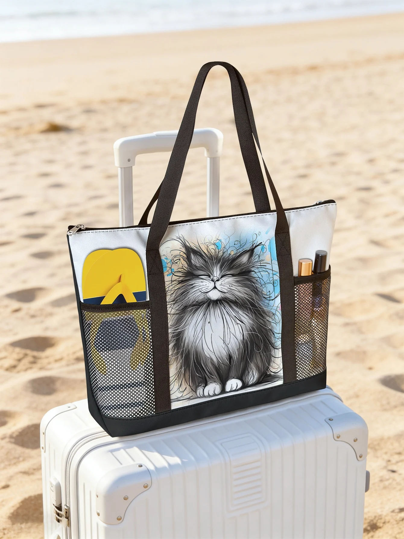

Cat printed handbag, large capacity women's beach bag, waterproof travel shoulder bag with mesh pockets
