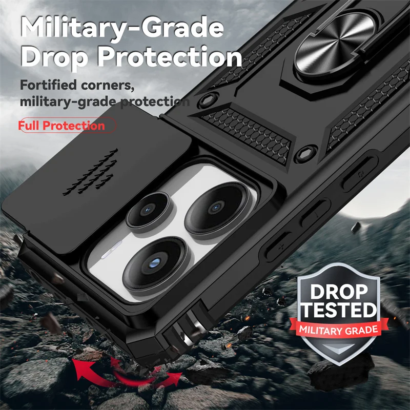 Funda ESHUYI Armor Para Xiaomi Redmi Note 14 Pro 4G, Con Soporte De Anillo Giratorio 360° Y Cubierta De Cámara Deslizante, Rojo