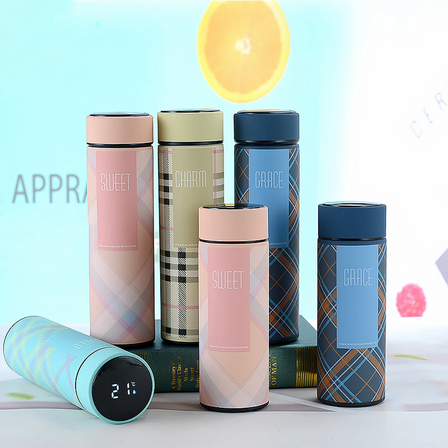 500ml Checkered Stainless Steel Creative Smart Thermos Bottle Temperature Display Thermal Mug Leak Proof Coffee Cup, Milk Cup