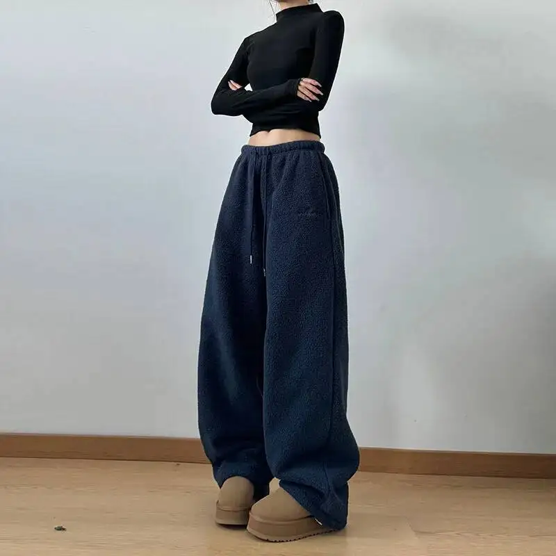 

Women Polar Fleece Pants 2025 Autumn Winter Women's Fleece Lined Wide Leg Pants Khaki Thickened Warm Loose Casual Trousers