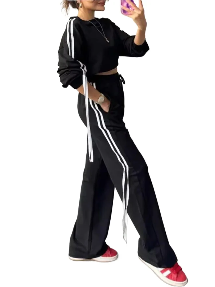 

Полосатый лоскутный спортивный стиль, комплекты брюк, женский повседневный короткий пуловер, толстовка, брюки с высокой талией, комплект из двух предметов, осень-зима