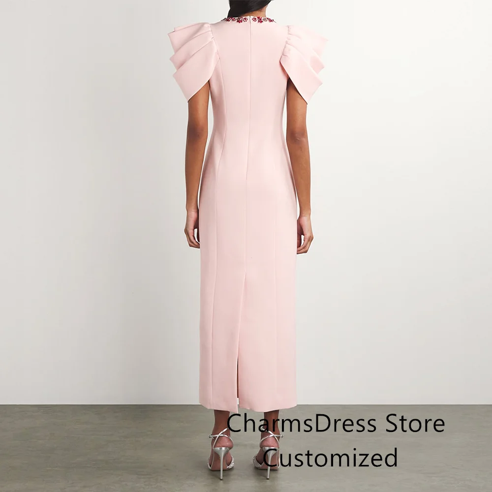 Elegant Crystal Prom Dress Cocktail Party Gown Customized Round Neck Short Sleeves Straight Saudi Arabian Prom Dresses
