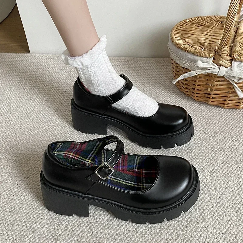 Platform Heels Mary Jane Shoes Simple Lolita Black Platform Heeled Shoes Student College Sweet Medium Heel Women Single Shoes