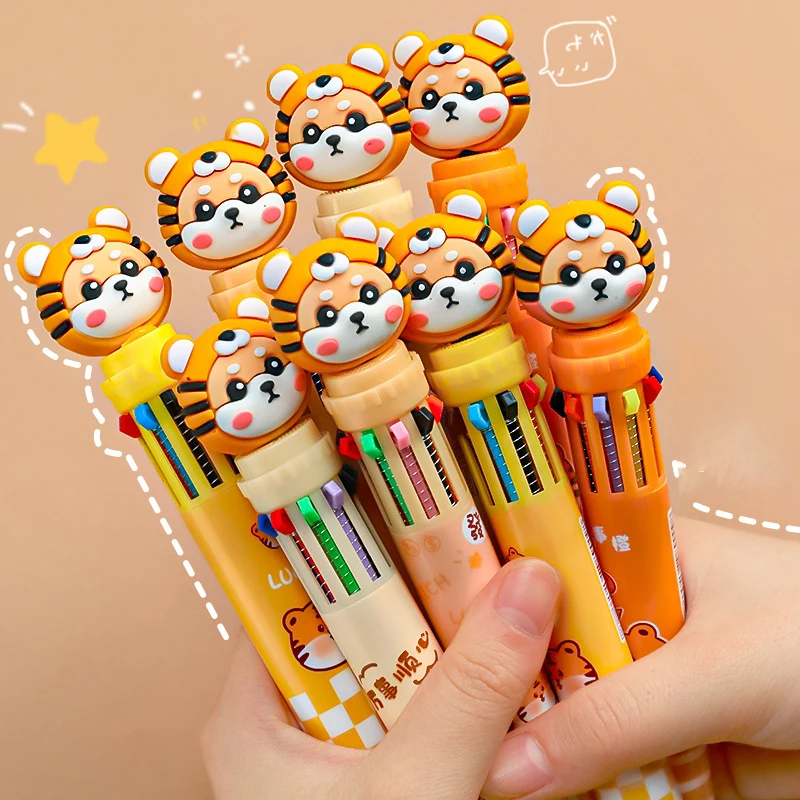 10 Colors Ballpoint Pen Kawaii Tiger Colorful Ink Gel Pens Silicone Press Pens Kids Gifts Toy Korean Stationery School Office