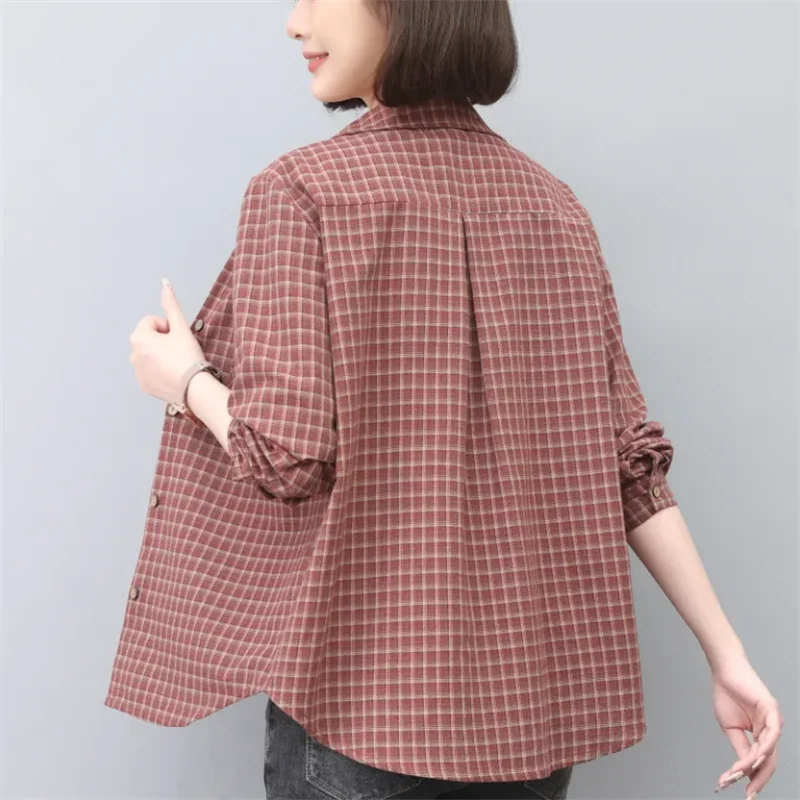 Damska koszula w kratę z czystej bawełny, luźna koszula damska na jesień zapinana na guziki, koszula damska, codzienna bluzka damska, topy