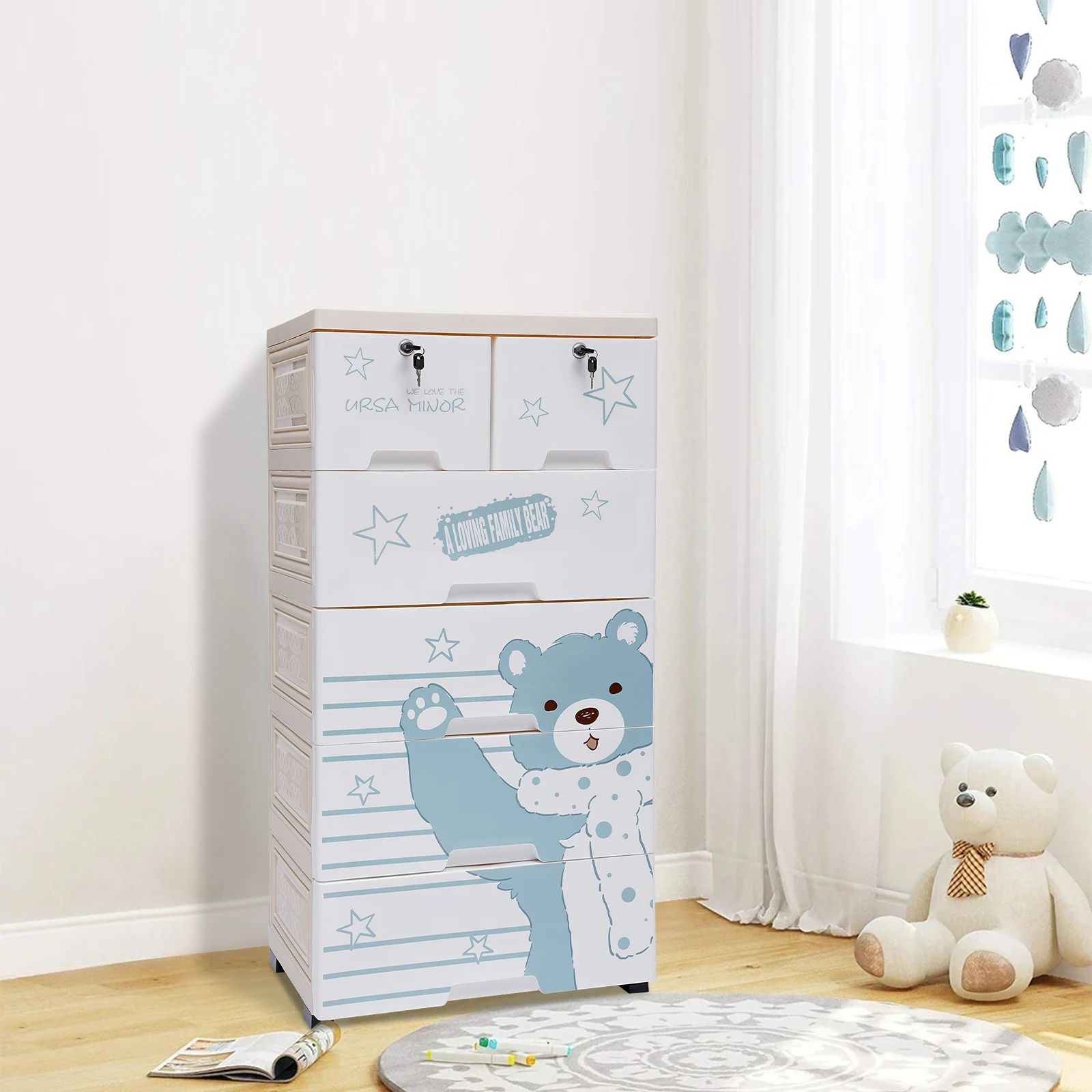 

Пластиковый шкаф для хранения с 6 ящиками и рисунком милого белого медведя, высокий комод-органайзер для одежды, для игровой комнаты и спальни