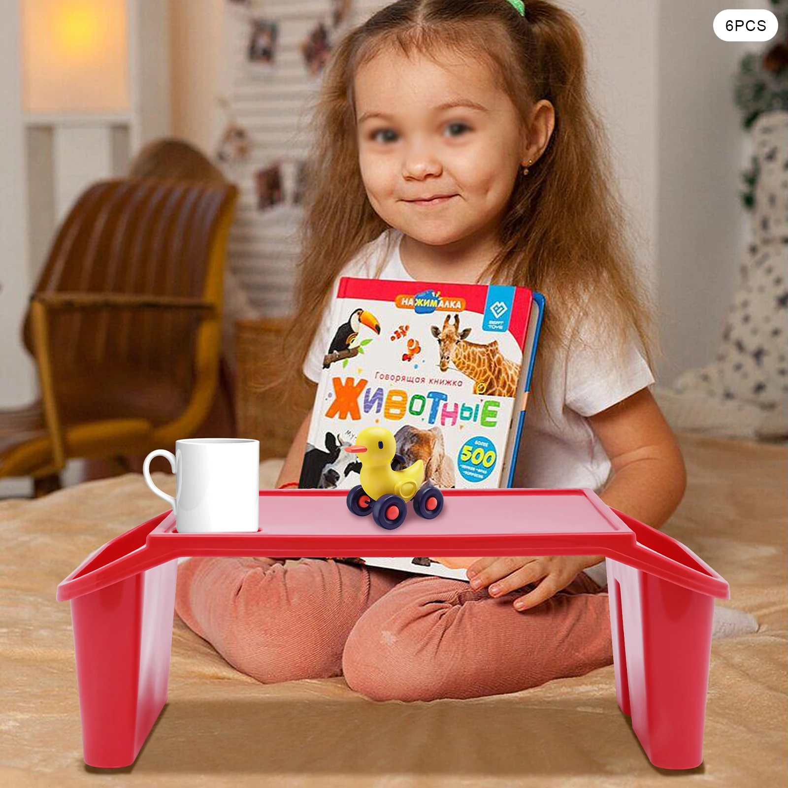 6Pcs Red Children's Laptop Table with Side Storage Multifunctional Movable Dining Table Used in Kindergartens and Families