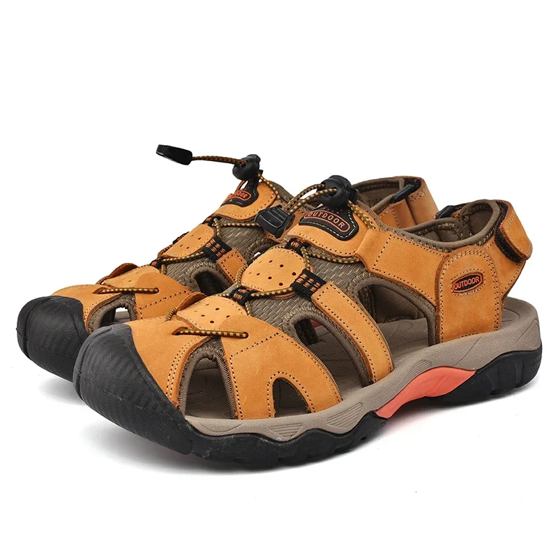 New Genuine Leather Shoes Men's Sandals Durable Handmade Stitching Close Toe Non Slip Footwear for Indoor Outdoor Beach