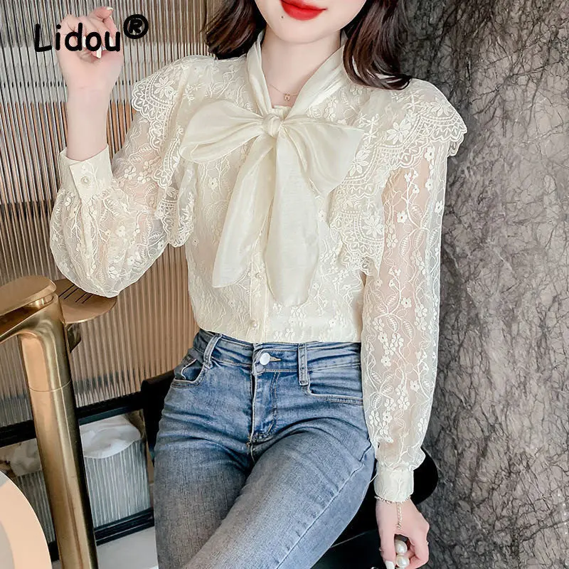 

Autumn Korean Vintage Sweet Chic Slim Lace Bow Tie Ruffled Women Blouses Fashion Elegant Long Sleeve Ladies Tops Chiffon Shirts