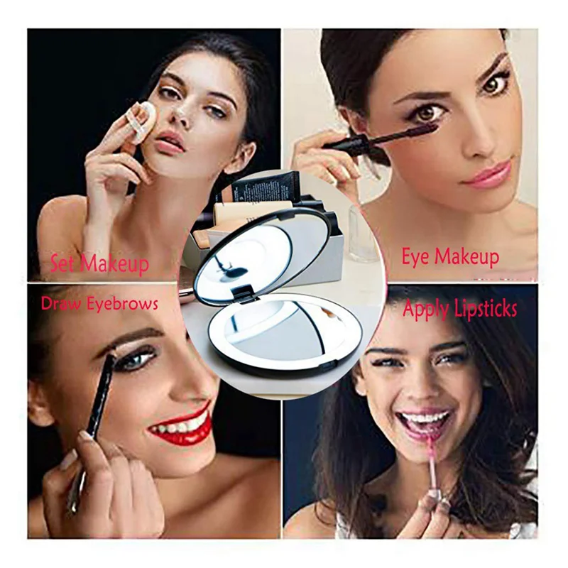 LED 조명이 있는 휴대용 접이식 거울, 메이크업 거울, 10X 확대경, 12 램프 비드, 미니 미러 블랙