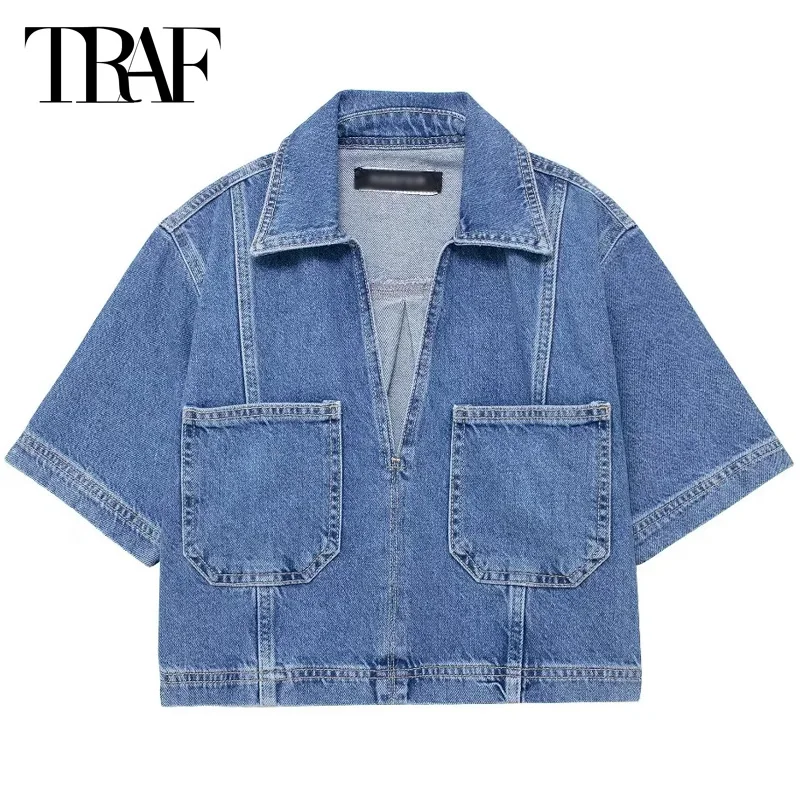 TRAF Crop Denim Blouses Fashion Women's Shirt Summer 2024 Pockets Lapel Collar Short Sleeve Top Youthful Elegant Women's Shirts