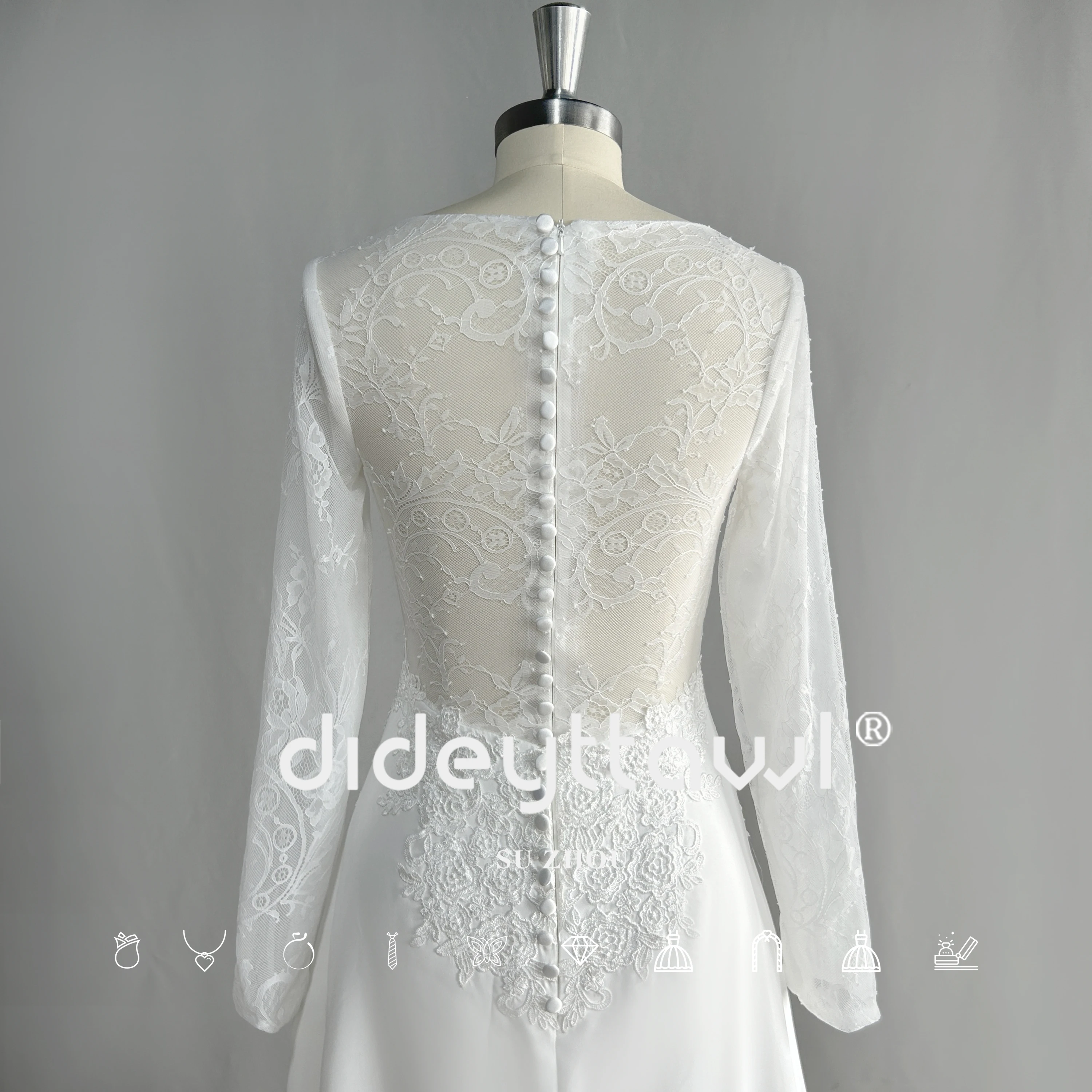 DIDEYTTAWL Long Sleeves Deep V Neck Wedding Dress Lace Appliques Pleated A Line Sweep Train Bridal Gown Real Photo