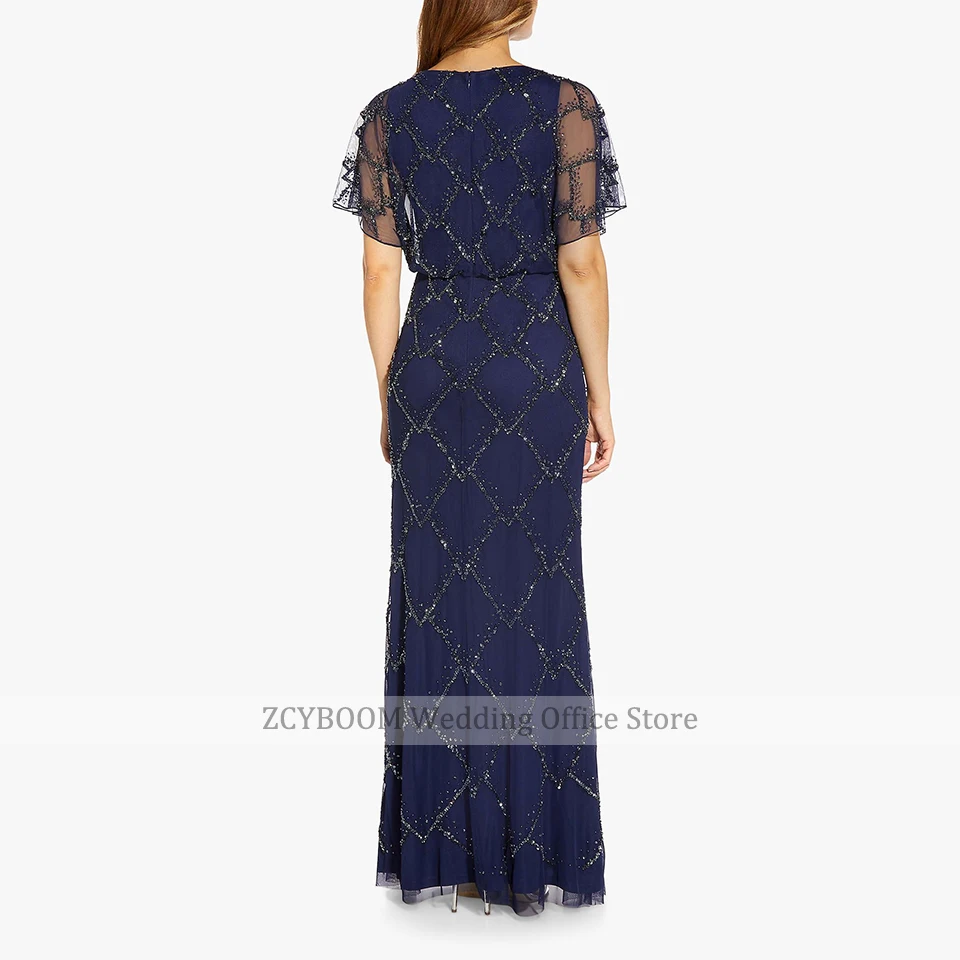 Elegante vestido azul brillante con lentejuelas para madre de la novia, cuello redondo, mangas cortas, hasta el suelo, fiesta de boda, vestidos de noche para invitados, 2023