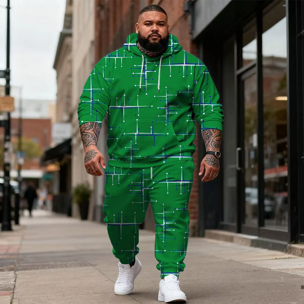 

S-9xl plus size Big & Tall Hoodie Set with Plaid Lines - 2-Piece Casual, Durable Fabric, Linear Prints, Suitable for Daily Wear