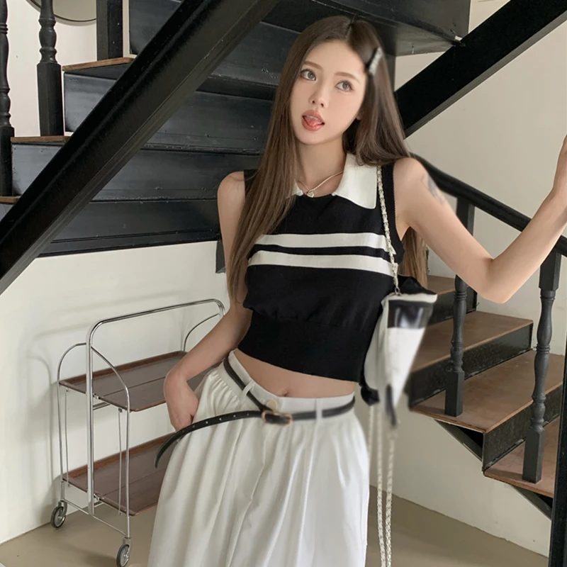 Turn-down Collar Knited Striped Crop Top New Women Summer Basic Casual Short T Shirt Girl's Streetwear Sleeveless Tees