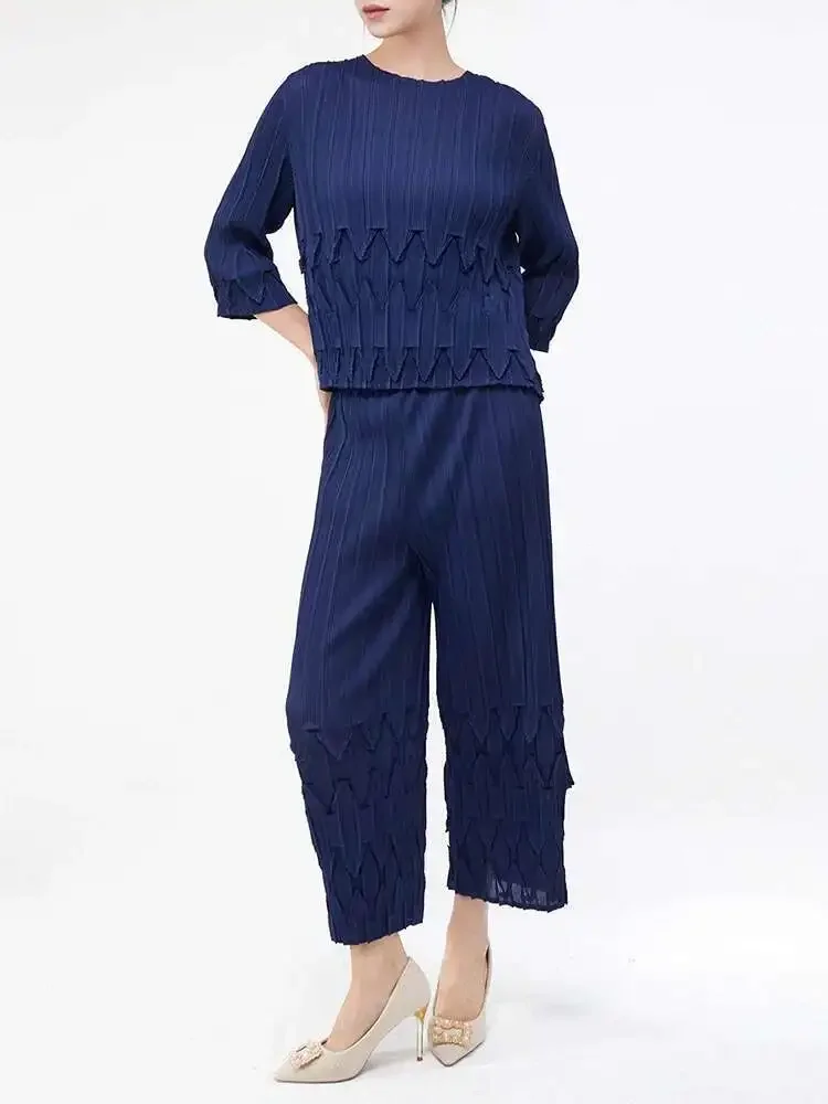 

Fashion Solid Colour Set Pleated Pants Set Nicole Design Women's Round Neck T-Shirt + Wide Leg Pants Miyake 2025 Summer New
