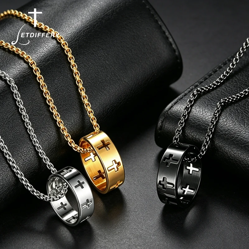 Letdiffery Hollow Cross Ring Pendant Necklace for Men Women Stainless Steel Black Silver Gold Color Punk Hip Hop Chain Necklaces