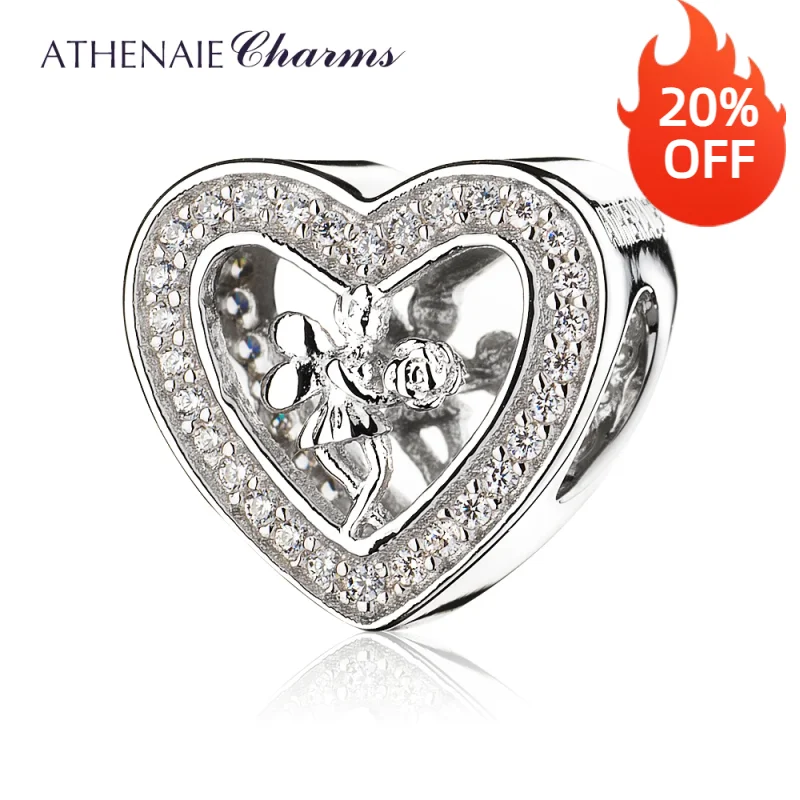 ATHENAIE 925 Sterling Silver Pave Clear CZ Angel Rose Heart Charms Fit Bracelets Jewelry Gift