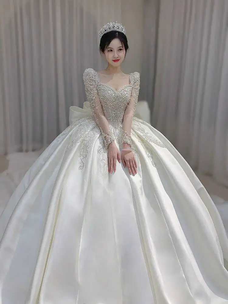 Satin Wedding Dress New Bride Long Sleeve Heavy Duty Luxury White Wedding Gown Main Yarn Pregnant Women\'s Square Neck Slim Tail