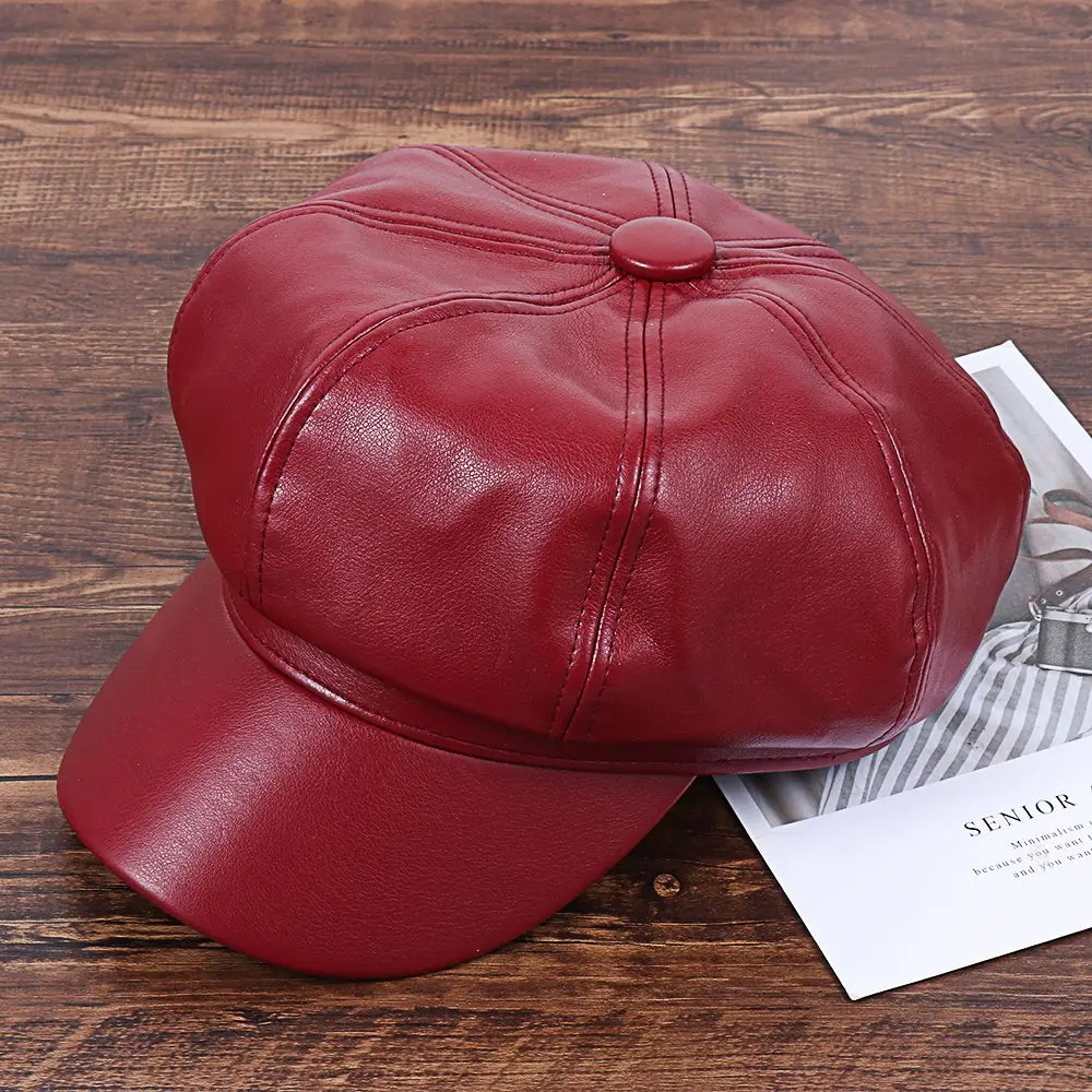 Casual Fashion Peaked Cap Ladies Women Girls Leather Baker Boy Peaked Cap Newsboy Hat