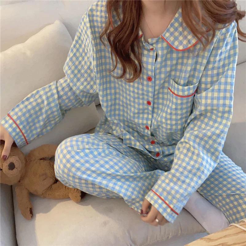 Long-Sleeved Pajamas Women\'s Spring Autumn Summer Casual Thin Korean Ins-Style Student Plaid Doll Collar Loungewear Birthdaygift