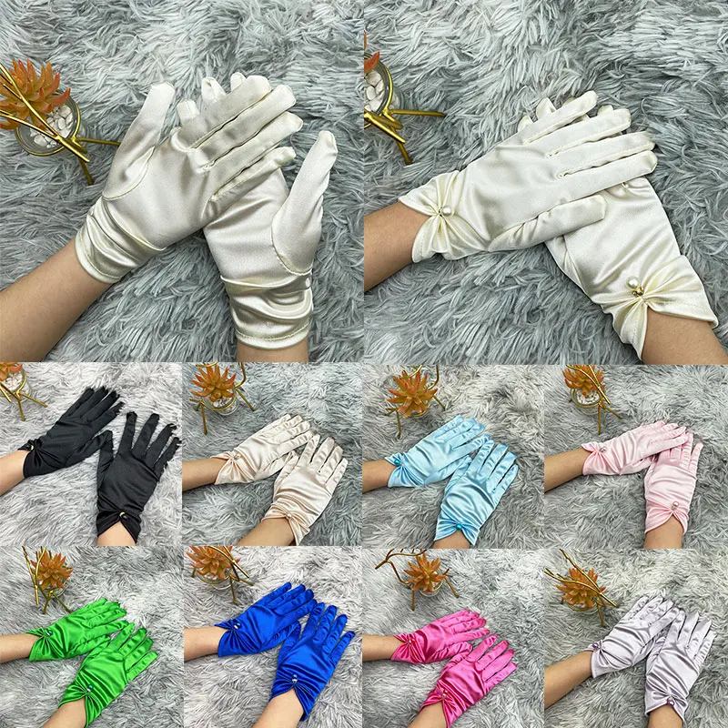 Multi-colored Stretch Satin Gloves For Children Birthday Party Dress Girls Wedding Gloves Kids Finger Pearl Bow Gloves