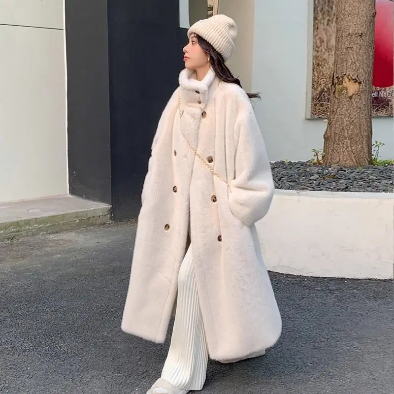 Elegant Woolen Coats Women Fashion Loose Stand Collar Double Breasted Long Sleeve Trench Coats Autumn Winter Thickened Outerwear