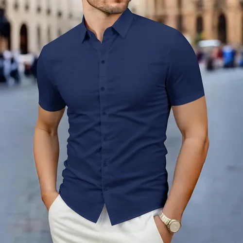 Imagen 2 del producto Nueva camisa informal de negocios de manga corta de Color sólido para hombre, moda de verano, sin planchar, Top cómodo y versátil