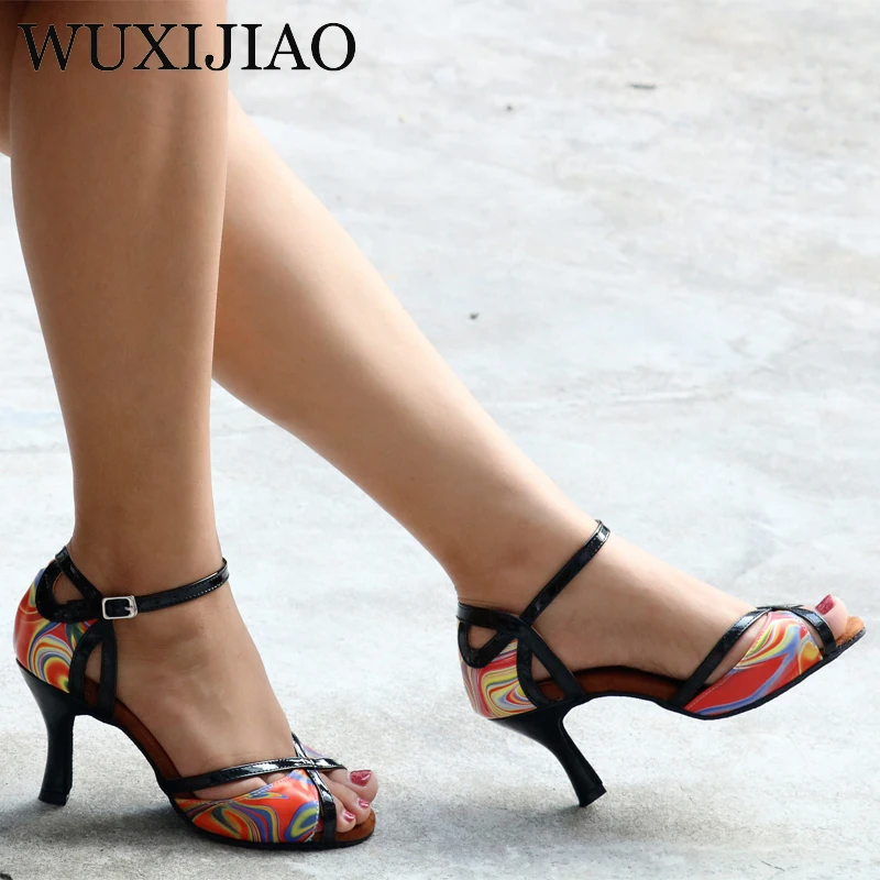 WUXIJIAO Sexy Thin Black Women\'s Shoes Painted PU High Heels Latin Dance Shoes Ballroom Dance Shoes 7.5C