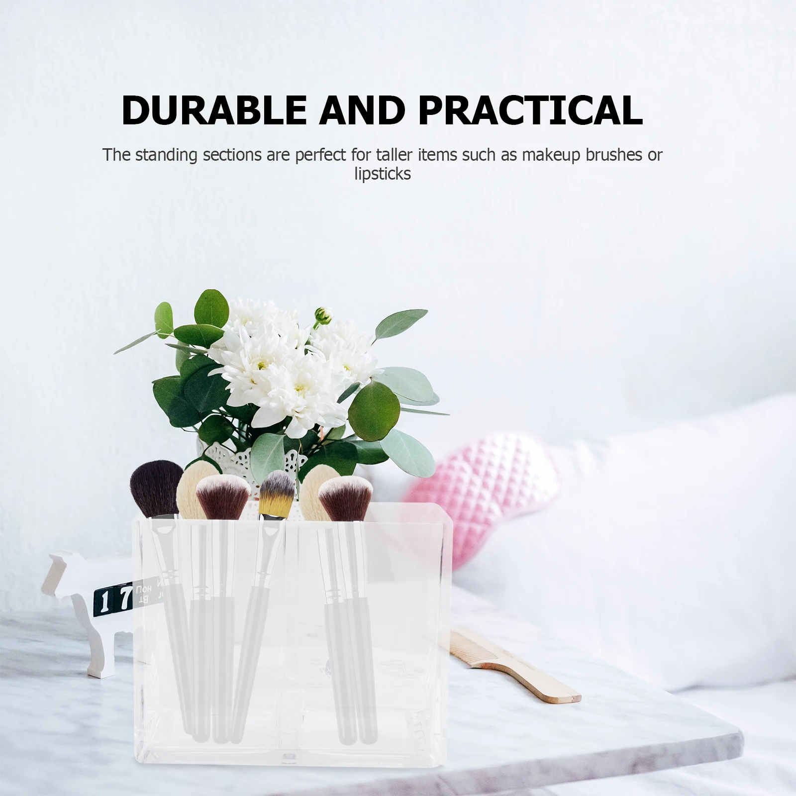 

Brushes Storage Box Acrylic Makeup Brush Holder 2 Standing Sections Display Stand Transparent Organizer For Desk Long