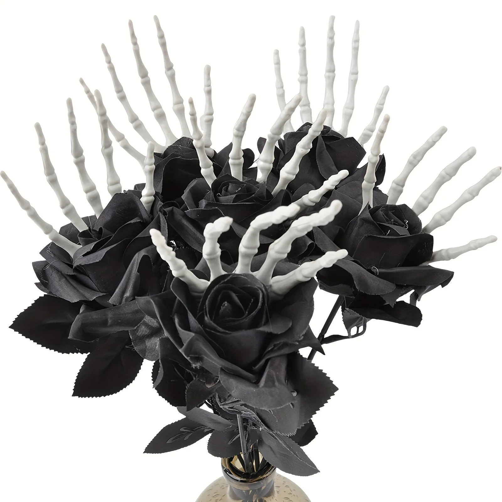 Plastic Black Artificial Roses with Skeleton Hands & Eucalyptus Leaves Halloween Spooky Skull Decorative Floral Bouquet Set